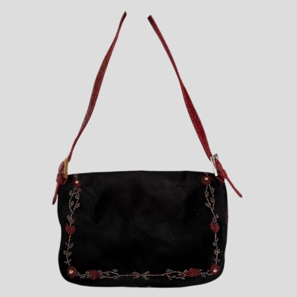 Elegant Black and Red Beaded Brushed Velvet Crossbody Shoulder Bag - Picture 4 of 15